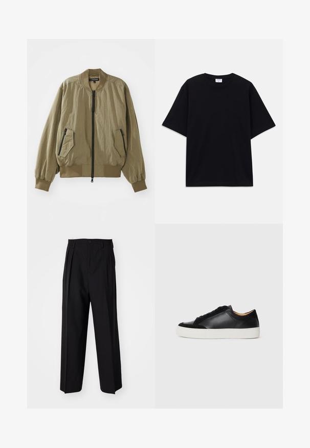 Casaco bomber verde oliva feito de um tecido leve, com fecho de correr na frente, punhos canelados e dois bolsos com fecho de correr angulados na parte da frente.; T-shirt oversized de manga curta preta com decote redondo e etiqueta da marca Filippa K visível no interior da gola.; Calças pretas plissadas com um design reto e de perna larga. Feitas de um tecido liso, apresentam um fecho de botão e passantes para cinto.; Sapatilha de couro preto com detalhes em camurça, bico redondo, sola plana de borracha branca e texturas contrastantes no corpo e nos atacadores.