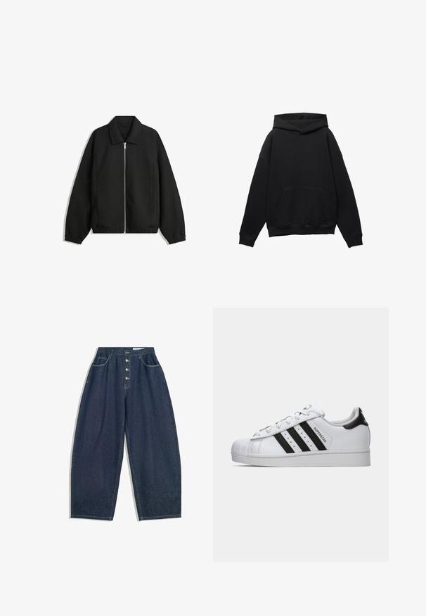 Crna jakna izrađena od teksturirane tkanine, s punim prednjim zatvaračem, ovratnikom i elastičnim manžetama, opuštenog kroja i bočnim džepovima.; Crna dukserica od mekanog materijala s prednjim džepom, širokog kroja i kapuljačom s vezicom. Ima rebraste manžetne i donji rub.; Tamne široke hlače od tamnoplave denima s visokim strukom, zatvaranjem na pet dugmadi i pet džepova. Karakteriziraju ih prošiveni detalji na šavovima.; Bijela Adidas Superstar tenisica s crnim prugama, školjkastim vrhom i tekstom "Superstar" sa strane, prikazana je u lijevom profilu na bijeloj pozadini.