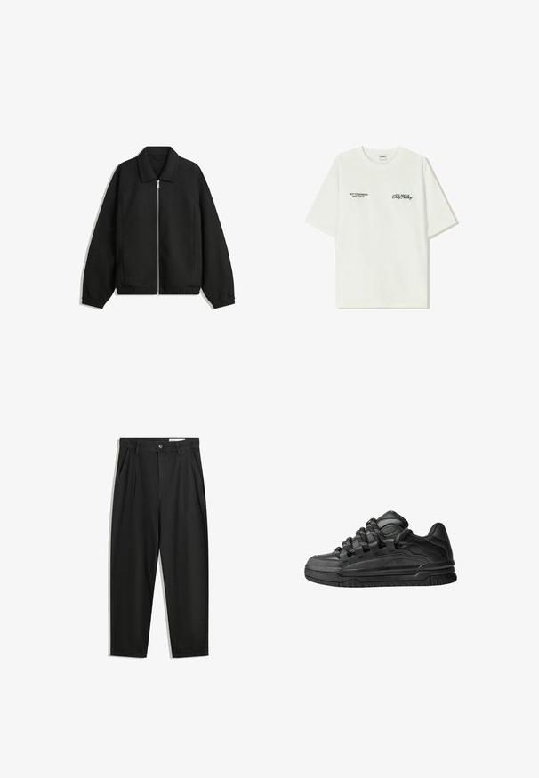 Black jacket made of textured fabric, featuring a full front zip, collar, and elastic cuffs with a relaxed fit and side pockets.; White cotton t-shirt with short sleeves. Front features black text: “NOT TOMORROW NOT TODAY” and “THE ART OF DIRT NOVING” in green script.; Black cotton trousers with a relaxed fit, featuring a classic waistband, front pleats, and side pockets. Smooth texture without patterns.; Black sneakers with a smooth leather upper, textured accents, and round black and white laces. Thick rubber sole with a patterned tread.