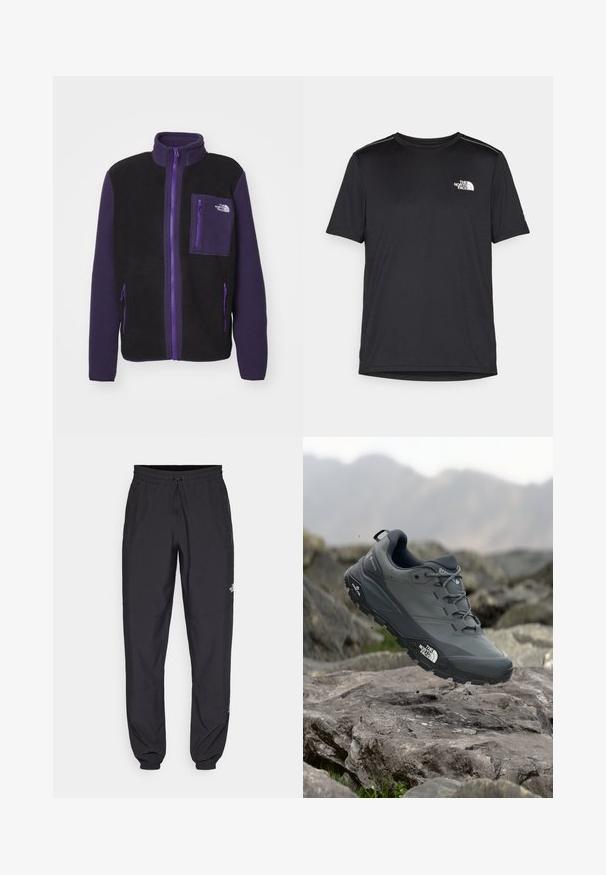 The North Face M YUMIORI FULL ZIP - Fleecejakke - black/eternal purple; Svart kortermet T-skjorte laget av lett materiale. Har en liten hvit logo på venstre bryst og subtile skulderdetaljer.; Sorte idrettsbukser laget av lett stoff, med snor i livet, sidelommer og smale mansjetter ved anklene.; Grå terrengløpesko med en teksturert overdel, slitesterk gummisåle og forsterket tåhette. Inkluderer snørebånd og merkevarelogo på siden.