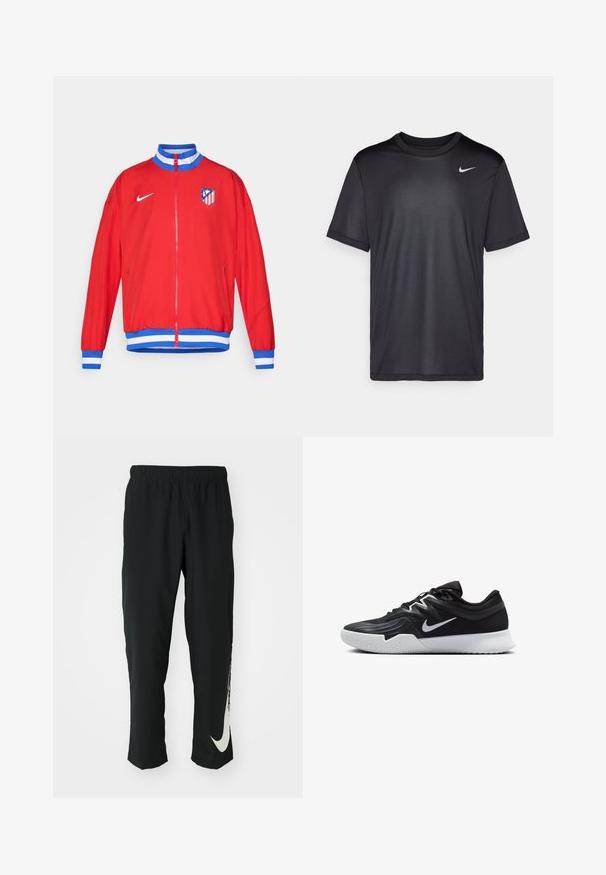 Raudona sportinė striukė su užtrauktuku, mėlynos ir baltos juostelės ant rankogalių ir apačios, šoninė dalis puošia Nike logotipas ir klubo emblema kairėje krūtinės pusėje.; Juodas sportinis marškinėliai su trumpomis rankovėmis, apvaliu kaklu, pagaminti iš lygaus audinio. Ant viršutinio kairiojo kampo yra mažas baltas Nike logotipas.; Juodos sportinės kelnės su elastingu juosmeniu, siaurėjančiu dizainu ir dideliu baltu Nike logotipu ant kairiojo kojos. Minkšta, lengva medžiaga.; Juodos sportinės bateliai su tekstūruota viršutine dalimi, balta Nike swoosh ir balta gumine išorine dalimi. Yra su raištelių užsegimo dizainu ir dinamine forma.