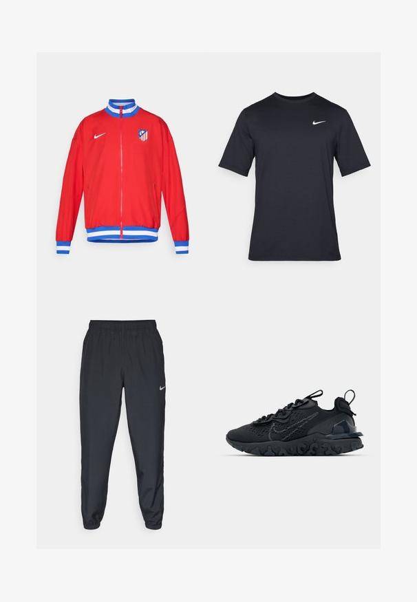 Rød treningsjakke med glidelås, blå og hvite stripete mansjetter og fald, med Nike-logo og klubbemblem på venstre bryst.; Svart kortermet Nike t-skjorte laget av glatt stoff, med en hvit swoosh-logo på øvre venstre side, rund hals.; Svarte joggebukser laget av lett stoff med elastisk midje, ankelmanchetter og en diskret Nike-logo på venstre side.; Svart treningssko med et pustende nettobert overdel, teksturerte detaljer og en bølget gummisåle. Har reflekterende logo og snøresystem.