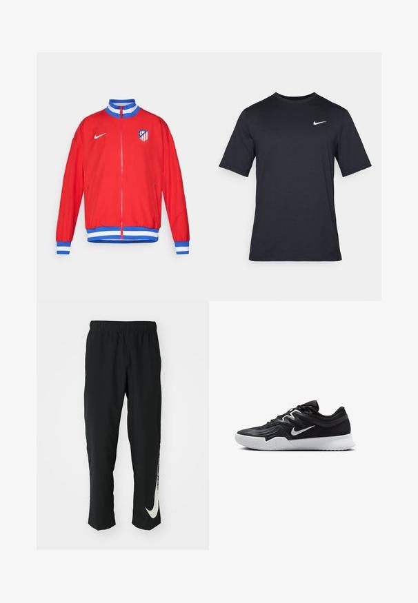 Casaco atlético vermelho com fecho de correr, punhos e bainha listrados em azul e branco, apresentando o logótipo da Nike e o emblema do clube no peito esquerdo.; T-shirt Nike preto de manga curta, feito de um tecido suave, com um logo swoosh branco no lado superior esquerdo, gola redonda.; Calças atléticas pretas com cintura elástica, design afunilado, apresentando um grande logótipo branco da Nike na perna esquerda. Tecido macio e leve.; Sapatilha atlética preta com um cabedal texturizado, swoosh branco da Nike e uma sola de borracha branca. Apresenta um design com atacadores e uma forma dinâmica.