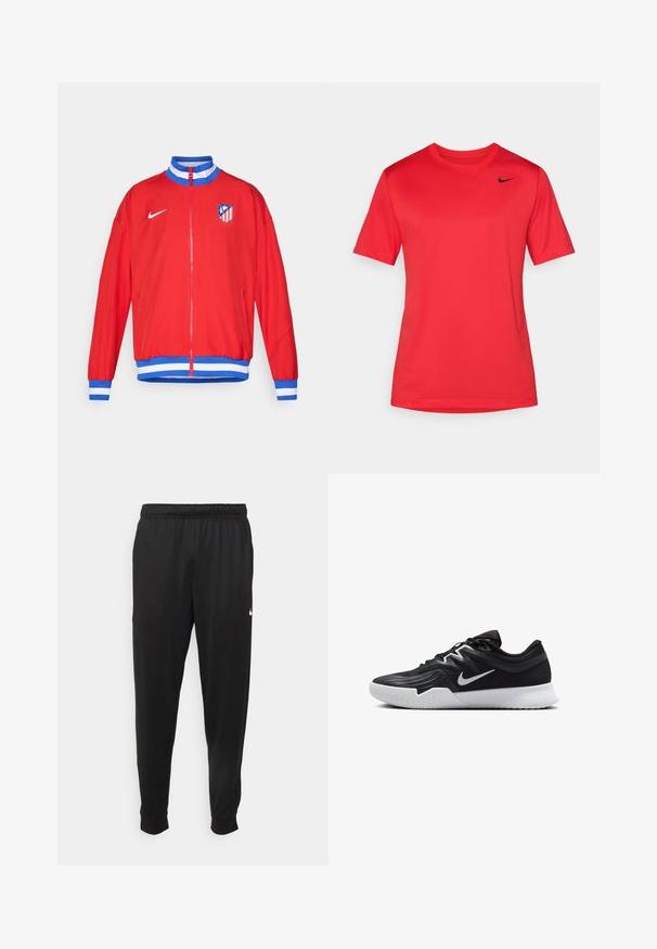 Crvena atletska jakna s patentnim zatvaračem, plavi i bijeli prugasti rupci i donji rub, s Nike logom i grbom kluba na lijevoj strani prsa.; Crvena kratko rukava atletska majica s okruglim vratom, s malim crnim Nike swoosh logom na gornjem lijevom dijelu prsnog koša.; Crne atletske hlače od glatkog materijala, s elastičnom pasicom, sužavajućim nogavicama i malim bijelim logom na lijevoj strani.; Crna sportska cipela s teksturiranim gornjim dijelom, bijelim Nike swooshom i bijelim gumennim potplatom. Ima dizajn s vezanjem i dinamičan oblik.