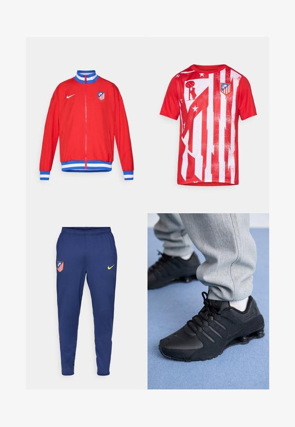 Red athletic jacket with a zip closure, blue and white striped cuffs and hem, featuring a Nike logo and club emblem on the left chest.; Red athletic shirt featuring vertical white stripes, distressed patterns, and a club logo on the chest. Made from breathable fabric.; Navy athletic pants made of lightweight fabric, featuring a yellow Nike logo and a club emblem with red and white stripes. Elastic waistband included.; Person wearing black Nike Shox sneakers and gray sweatpants standing on light blue carpet.