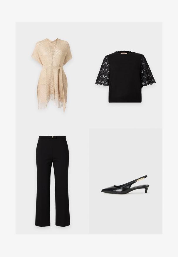 Lys beige vevd kimono med korte ermer, en knytebelte i midjen og frynsedetaljer i kanten. Laget av et gjennomsiktig, teksturert materiale.; Svart kortermet topp med blondererm som har geometriske mønstre, scallop-hals og ribbet kant. Jevn stoffoverflate.; Sorte, høy midje bukser laget av glatt stoff, med et belte med en gullspenne og en utsvingt ben design.; Sorte lærreim hæler med spiss tå, som har en slank hæl og en gullfarget detalj på den justerbare stroppen. Glatt tekstur.