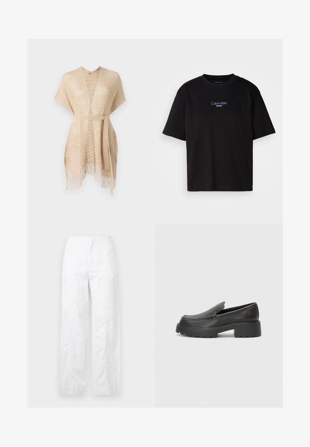 Svijetlosmeđi tkanik kimono s kratkim rukavima, remenom na struku i resicama na rubu. Izrađen od prozirnog, teksturiranog materijala.; Crna pamučna majica s okruglim izrezom, kratkim rukavima i plavim izvezenim logom "Calvin Klein JEANS" na prednjoj strani.; Bijele široke hlače od laganog materijala, s glatkom teksturom, čistim linijama i visokim strukom.; Crne kožne loaferice s zaobljenim vrhom, debelim teksturiranim potplatom i minimalnim detaljima šivanja. Elegantna izrada bez vidljivih vezica ili metalnih elemenata.