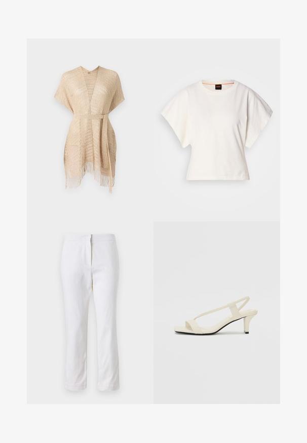 Light beige woven kimono with short sleeves, a tie belt at the waist, and fringe detailing at the hem. Made from a see-through, textured material.; White cropped T-shirt, short wide sleeves, soft cotton material, round neckline with subtle orange trim, minimal design, no patterns or graphics.; White cotton pants with a straight leg design, featuring a mid-rise waist and no visible hardware or patterns. Smooth texture throughout.; Beige block-heeled sandals with thin straps and a square toe. Smooth material with minimal detailing, designed for easy wear.