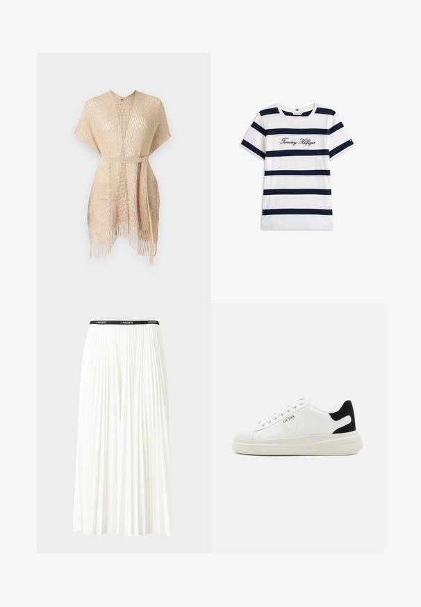 Lys beige vævet kimono med korte ærmer, en bælteknude i taljen og frynsebeskrivelse ved kanten. Lavet af et gennemsigtigt, tekstureret materiale.; T-shirt i bomuld med vandrette marineblå striber på en hvid baggrund. "Tommy Hilfiger" broderet i kursiv på brystet. Rund hals.; Plisseret hvid nederdel med en sort elastisk talje, der har "LACOSTE"-logoet. Mellemlang design med blød tekstur.; Hvide lædersneakers med en tyk hvid sål, sort ruskindhælvægt og prægede logoer på siden. Snørebåndsdesign med seks øjer.