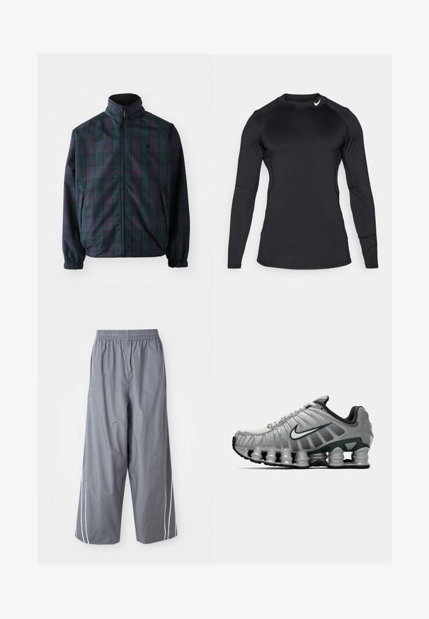 Carhartt WIP REVERSIBLE PLANER JACKET - Light jacket - force blue/black; Black long-sleeve athletic shirt made of smooth, stretchy fabric with a crew neckline and discreet logo on the upper left.; Gray, lightweight, synthetic wide-leg pants with an elastic waistband and white side stripes. Smooth texture with a casual design.; Grey and black Nike running shoe with visible spring-like cushioning under the sole and a white swoosh logo on the side.