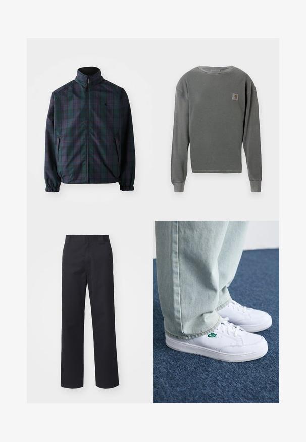 Carhartt WIP REVERSIBLE PLANER JACKET - Allvädersjacka - force blue/black; Grå långärmad tröja med rund hals och ribbad textur, med en liten fyrkantig logotyp på vänster bröst och ribbade ärmslut.; Svarta raka byxor tillverkade av bomullsblandat tyg. Har en platt midja med bälteshällor och inga synliga detaljer eller dekorationer.; Vita lädersneakers med grön Nike-logga, rund tå, platt sula, kombinerade med ljusblå denimbyxor, visade på en blå matta.