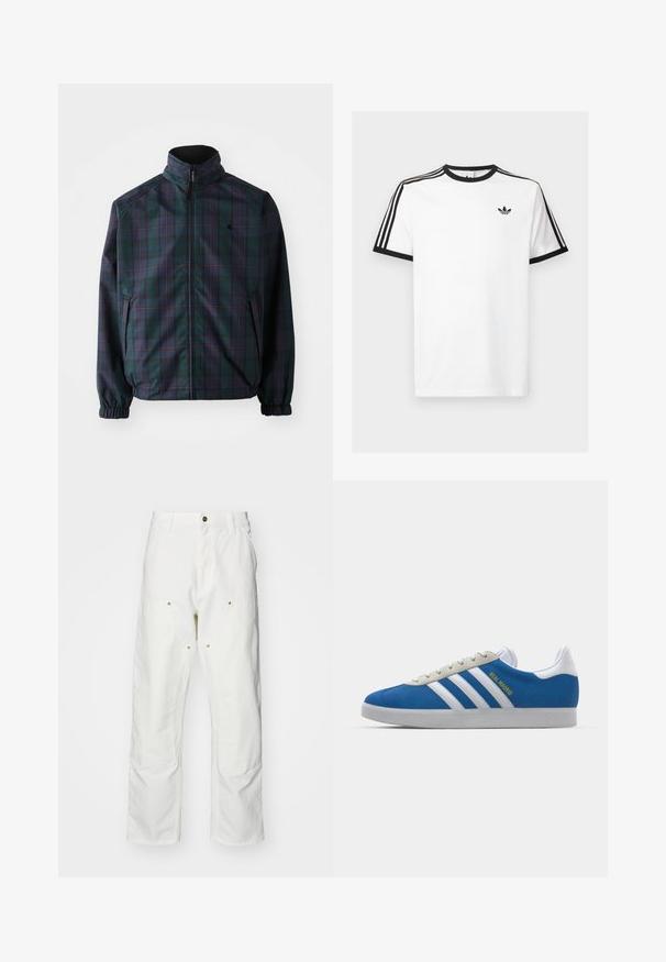Carhartt WIP REVERSIBLE PLANER JACKET - Veste mi-saison - force blue/black; T-shirt en coton blanc avec un col et des manches ribbés noirs, comportant trois rayures noires sur chaque épaule et un petit logo sur la poitrine.; Pantalons cargo en coton blanc avec une coupe décontractée. Les caractéristiques incluent des poches avant, des accents en métal doré et des sections de genoux renforcées.; adidas Originals ADIDAS GAZELLE SHOES - Chaussures de football en salle - real madrid/bluebird/footwear white/crew yellow