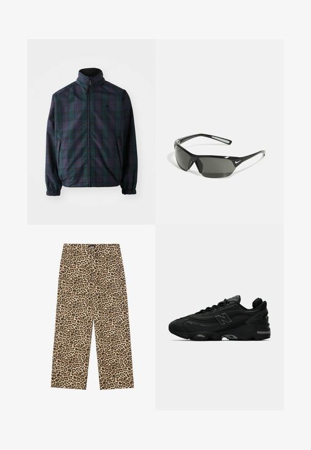 Carhartt WIP REVERSIBLE PLANER JACKET - Kerge jope - force blue/black; Must musta lühikeste varrukatega T-särk laia lõikega, valmistatud siledast puuvillast, ümarate kaelustega ja minimalistlikus disainis.; YOURTURN UNISEX - Avar lõikega teksad - beige/black; Mustad mustat spordijalatsid tekstureeritud pealmise osaga, millel on silmapaistev logo, paks talla ja peened hallid aktsendid disainis.; Mustad mustad spordiprillid hallide objektiividega, voolujooneline disain, plastikkonstruktsioon, tekstuuriga aktsendid külgedel ja Nike logo ees.