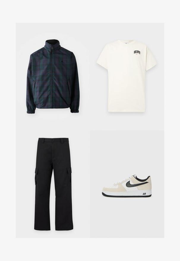 Carhartt WIP REVERSIBLE PLANER JACKET - Overgangsjakke - force blue/black; Cremefarvet bomulds t-shirt med korte ærmer, der har "NIKE SB" i sort og rød tekst på brystet. Standard rund halsudskæring.; Sorte cargo bukser med lige ben-design. Lavet af slidstærkt stof, med to sidelommer med klaplukninger og lukning med knap.; Sneakers med en lys beige ruskind og hvid læder overdel, sort Nike swoosh, sorte detaljer og en hvid gummisål med "AIR" branding.