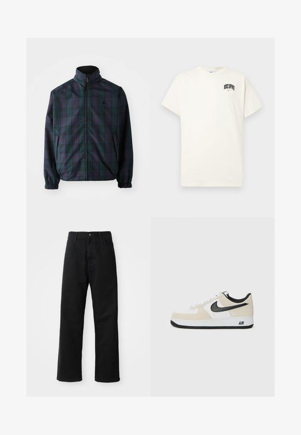 Carhartt WIP REVERSIBLE PLANER JACKET - Veste mi-saison - force blue/black; T-shirt en coton couleur crème à manches courtes, avec "NIKE SB" en texte noir et rouge sur la poitrine. Col rond standard.; Pantalons en denim noir à coupe droite, avec poches avant, fermeture éclair et un seul bouton supérieur. Tissu texturé avec une finition mate.; Des baskets avec un dessus en suede beige clair et cuir blanc, un swoosh Nike noir, des accents noirs et une semelle en caoutchouc blanc arborant le logo "AIR".