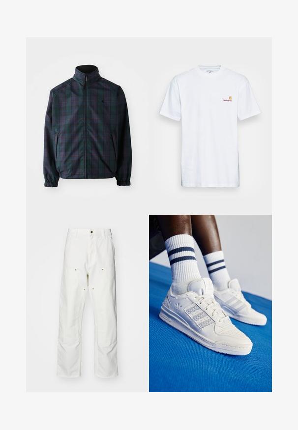 Carhartt WIP REVERSIBLE PLANER JACKET - Viegla jaka - force blue/black; Balts kokvilnas T-krekls ar īsām piedurknēm. Izstrādāts ar mazu oranžu un bordo logo kreisajā krūtī. Iespējojusi klasisku apkaklīti.; Baltas kokvilnas kargo bikses ar brīvu piegriezumu. Iezīmes ietver priekšējās kabatas, zeltītas detaļas un pastiprinātas ceļa daļas.; Baltas ādas sneakeri ar perforētiem akcentiem, trim metāliskiem svītrām un strukturētu sānu paneļu. Valkāti ar baltiem zeķēm, uz kurām ir zilas svītras.
