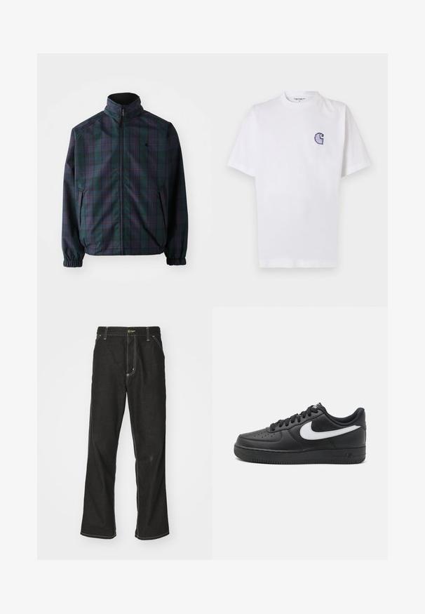 Carhartt WIP REVERSIBLE PLANER JACKET - Light jacket - force blue/black; White cotton t-shirt with short sleeves, round neckline, and a small, embroidered blue "C" logo on the left chest area.; Black denim jeans with a loose fit, featuring contrasting white stitching, a button closure, and a straight leg design.; Black Nike Air Force 1 sneakers with a smooth leather upper, white logo accent, perforated toe, and textured rubber sole.