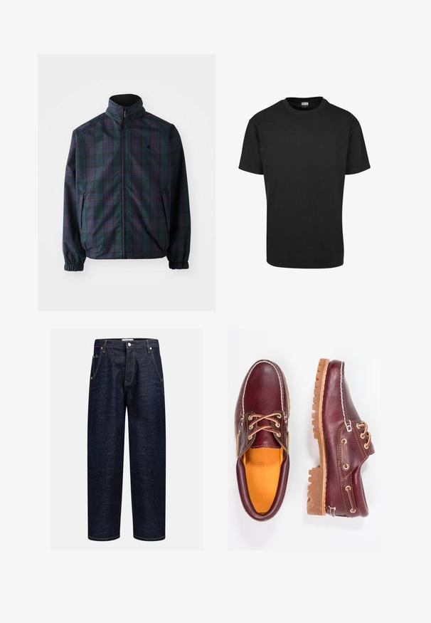 Carhartt WIP REVERSIBLE PLANER JACKET - Light jacket - force blue/black; Black cotton T-shirt with a crew neckline, short sleeves, and a straight hem. Smooth texture; simple, unadorned design.; Dark denim jeans with a straight fit, featuring five pockets, copper rivets, and contrasting stitching along the seams.; Burgundy leather shoes with brown rubber soles, round toe, white stitching, and gold eyelets. Interior features a yellow lining.