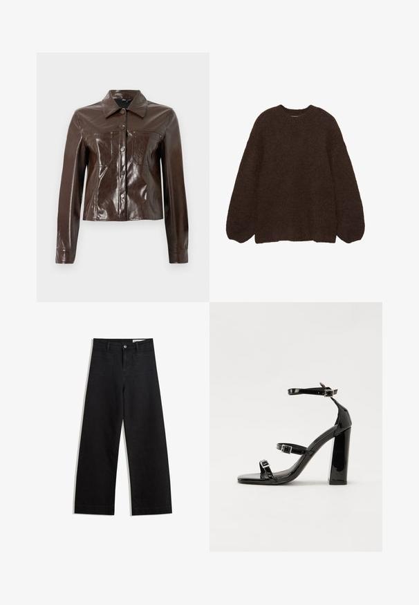 Braune Kunstlederjacke mit strukturiertem Design, ausgestattet mit einem Kragen, vorderen Knöpfen und zwei Brusttaschen. Glatte, glänzende Textur.; Brauner Strickpullover mit rundem Ausschnitt, weiter Passform und langen Ärmeln. Die Textur wirkt weich und grobmaschig, mit einem dezenten Muster.; Schwarze weit geschnittene Jeans mit hoher Taille, ausgestattet mit Vorder- und Hintertaschen, gesteppten Nähten und einem Knopfverschluss. Glatte Textur.; Schwarze Lackleder-Sandalen mit hohen Absätzen, zwei Riemen mit Schnallen, quadratischer Zehenpartie und klobigem Blockabsatz, mit einer glatten, glänzenden Textur.