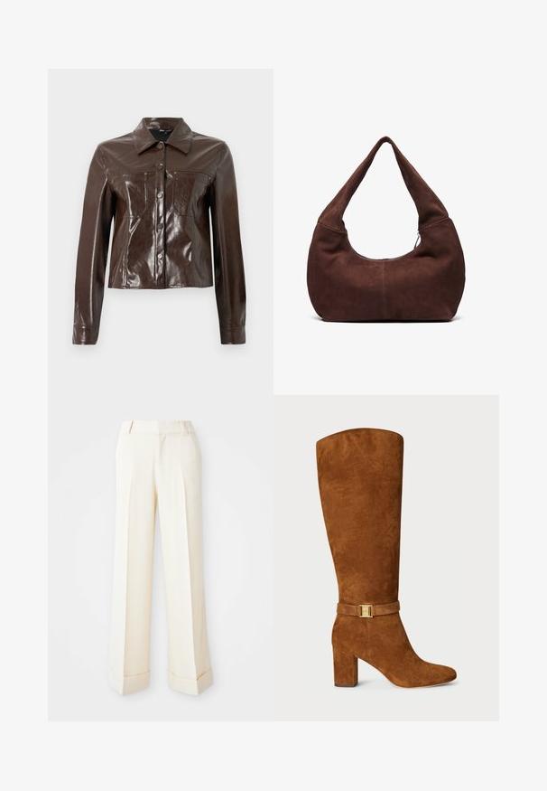 Giacca in ecopelle marrone con un design strutturato, dotata di collo, bottoni frontali e due tasche sul petto. Texture liscia e lucida.; Top corto senza maniche color crema con spalline larghe e una fila frontale di piccoli bottoni bianchi al centro.; Pantaloni beige a gamba larga con una texture liscia, pieghe frontali e risvolti. Presentano passanti per cintura e chiusura con zip.; Stivale in camoscio marrone alto fino al ginocchio con punta quadrata, tacco chunky e dettaglio con fibbia dorata su una fascia in camoscio abbinato attorno alla caviglia.; Borsa hobo in suede marrone con una maniglia curva e larga e un'ampia apertura. Tessuto morbido con dettagli di cucitura visibili lungo i bordi.