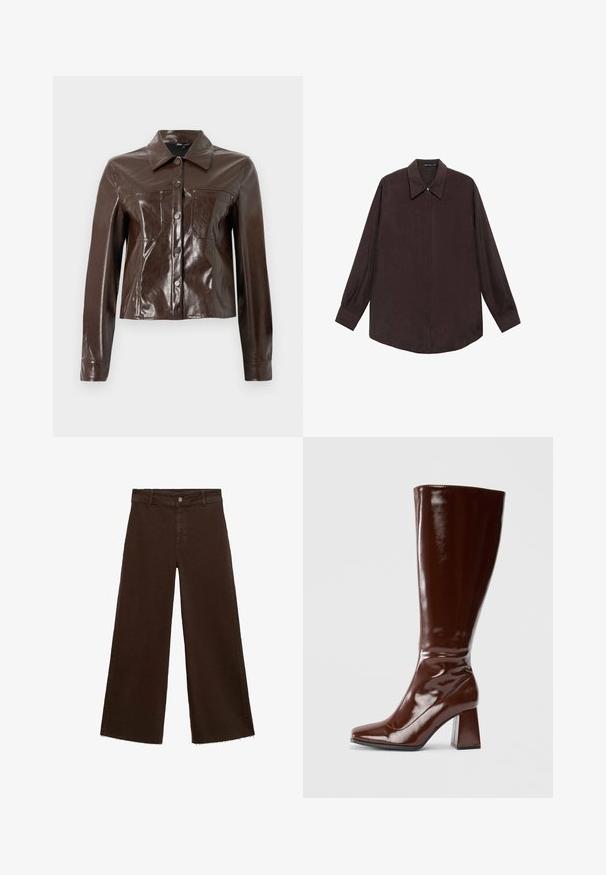 Brązowa kurtka z materiału skóropodobnego o uporządkowanej konstrukcji, z kołnierzykiem, przednimi guzikami i dwoma kieszeniami na piersi. Gładka, błyszcząca tekstura.; Koszula z długim rękawem w ciemnobrązowym kolorze, z wyłogowym kołnierzykiem, zapięciem na guziki z przodu i prostym wykończeniem. Gładka tekstura i luźny krój.; Brązowe spodnie o szerokich nogawkach z mieszanki bawełny, z postrzępionym dołem, przednim zapięciem na guzik i klasycznym pięciopocketowym wzorem. Minimalistyczne i uniwersalne.; Brązowe, lakierowane botki do kolan z kwadratowym noskiem, błyszczącym wykończeniem i masywnym obcasem dla lepszej stabilności. Bezszwowy design bez widocznych detali.