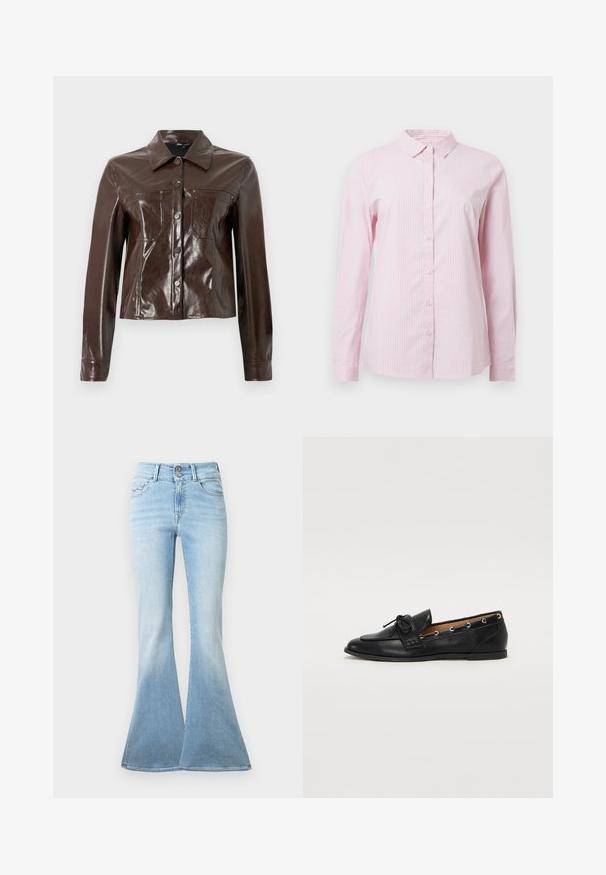 Ruda dirbtinė odinė striukė su struktūrizuotu dizainu, turinti apykaklę, priekinį sagčių uždarymą ir dvi krūtines kišenes. Glotni, blizganti tekstūra.; Rožinė dryžuota marškinė su apykakle, ilgomis rankovėmis ir priekyje užsegamais mygtukais. Pagaminta iš lengvos medžiagos su lygiu paviršiumi.; Šviesiai mėlynos bei išsiplėtusios džinsinės kelnes. Jos pasižymi aukštu liemeniu su dviem mygtukais ir nedideliu išblukimu link krašto. Klasikinis penkių kišenių dizainas.; Juodi odiniai loafai su surišta mazgeliu, su auksinėmis akytėmis šoninėse dalyse ir plokščiu guminiu padu. Lygus paviršius, klasikinis dizainas.