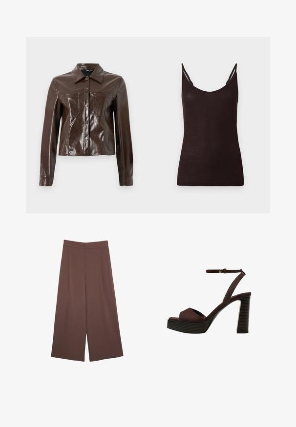 Smeđa jakna od umjetne kože sa strukturiranim dizajnom, koja ima ovratnik, prednje gumbe i dva džepa na prsima. Glatka, sjajna tekstura.; Crna majica bez rukava s tankim naramenicama, rebrastog izgleda i izrezom u obliku supe. Čini se da je materijal mekan i prilagođen tijelu, s minimalnim šavovima i bez uzoraka.; Smeđe hlače širokog kroja s glatkom teksturom, koje imaju visok struk i nabore sprijeda. Tkanina je lagana i slobodno se kreće.; Smeđe zamšaste sandale s visokim potpeticama, otvorenim prstima, podesivom trakicom oko gležnja i prugastom platformom.
