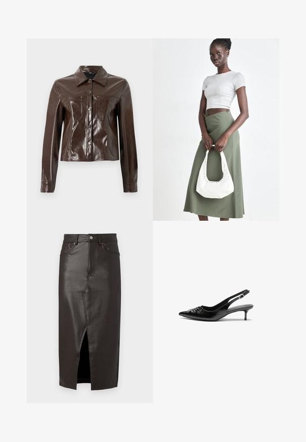Giacca in ecopelle marrone con un design strutturato, dotata di collo, bottoni frontali e due tasche sul petto. Texture liscia e lucida.; Maglietta a maniche lunghe color marrone scuro con collo a giro e vestibilità slim, mostrata su uno sfondo bianco semplice.; Gonna midi in pelle marrone con spacco frontale, design a cinque tasche e chiusura con bottone metallico. Texture liscia e vestibilità su misura.; Tacchi slingback in pelle nera con punta affusolata, piccolo tacco kitten e un dettaglio a nodo decorativo sulla parte anteriore. Texture liscia su tutta la superficie.; Top crop a coste grigio e gonna a vita alta verde oliva. Il modello tiene una borsa a spalla bianca con dettagli intagliati. Design semplice, silhouette aderente.