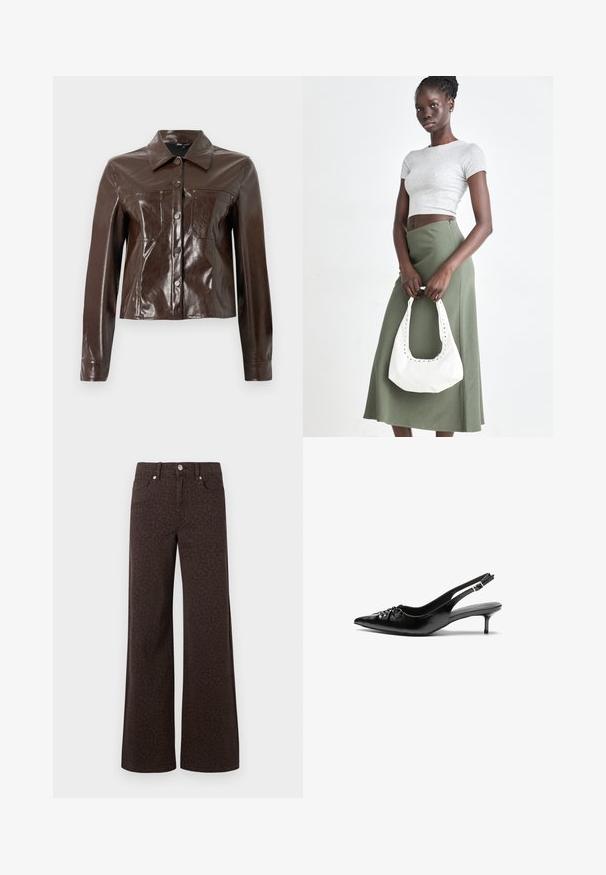 Veste en cuir synthétique marron avec un design structuré, présentant un col, des boutons à l'avant et deux poches poitrine. Texture lisse et brillante.; Chemise à col rond à manches longues de couleur brun foncé avec une coupe ajustée, présentée sur fond blanc uni.; Jean large marron avec un motif léopard subtil, fabriqué en denim avec une texture lisse et un design classique à cinq poches.; Des escarpins en cuir noir à talon slingback, avec un bout pointu, un petit talon kitten et un détail de nœud décoratif à l'avant. Texture lisse sur toute la surface.; Top court rayé gris et jupe taille haute verte olive. Le mannequin tient un sac à bandoulière blanc avec des découpes. Design simple, silhouette ajustée.