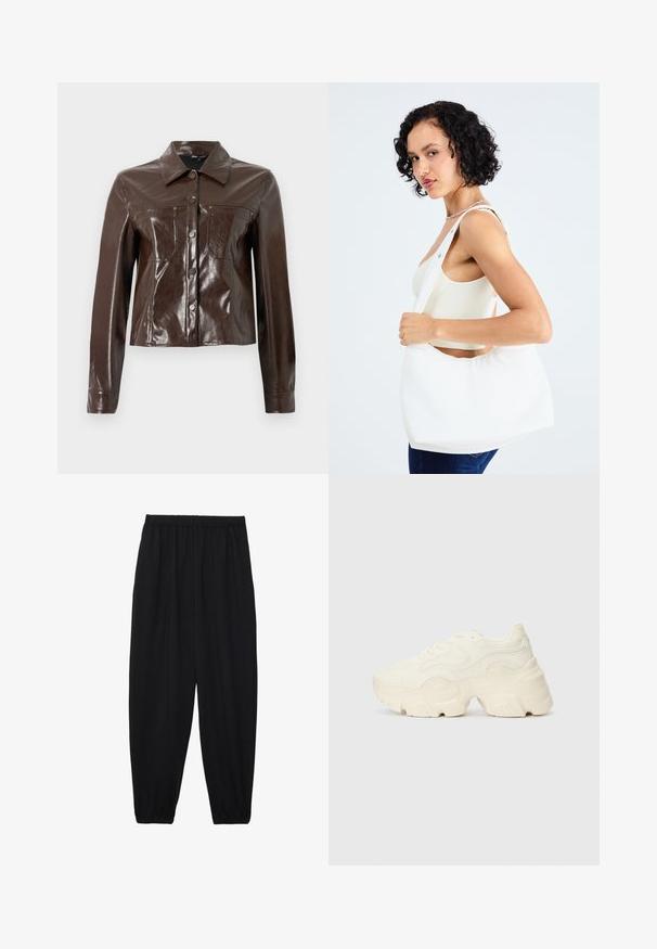 Veste en cuir synthétique marron avec un design structuré, présentant un col, des boutons à l'avant et deux poches poitrine. Texture lisse et brillante.; T-shirt court à manches courtes de couleur brun foncé, fabriqué en matériau lisse et extensible, avec un col rond classique et des détails de couture soignés.; Pantalons noirs légers avec une taille élastique et des chevilles froncées. Le tissu est lisse et présente un design décontracté et fuselé.; Baskets blanches chunky en maille texturée et matériaux synthétiques, avec une semelle épaisse et des détails en motif complexes sur les côtés.; Sac à épaule blanc en matériau lisse, doté d'une découpe ovale et d'une large sangle. Simple et moderne, sans quincaillerie visible.