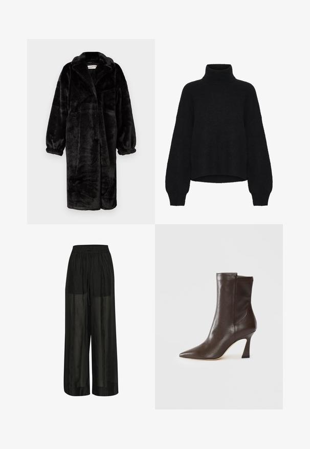 Fekete műszőrme kabát laza szabással, széles ujjakra és nagy hajtókára, puha, texturált felülettel és nyitott elülső kialakítással.; Fekete garbó pulóver, cropped kialakítással, bolyhos anyagból készült. Széles ujjak jellemzik, és bordázott textúra található a nyakkivágásnál.; Fekete, bő szárú nadrág áttetsző anyagból, elasztikus derékrésszel és állítható zsinórral a kényelmes illeszkedés érdekében, sima felülettel.; Sötétbarna bőrcipő, amely a vádli közepéig ér, hegyes orral, ívelt, karcsú sarkú és sima felületű, fehér háttérrel.