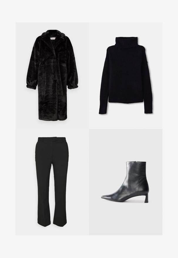 Must kase kunstkarusnahast jope, millel on mugav lõige, laiad varrukad ja suured kraed, millel on pehme, tekstuuriga pind ja avatud esikülg.; Musthave mustrašna, paksu-kootud särk kõrgema ribatrellitröpsiga ja pikkade varrukatega. Pehme tekstuur, otsekas lõpp ja nähtavaid mustreid või kaunistusi pole.; Mustad mustad püksid sirge säärega, millel on vööloop ja küljetaskud. Valmistatud siledast kangast, millel on puhas viimistlus.; Mustad mustall nahkasaabas terava nina ja stiilse disainiga. Omab madalat konts ja luku sulgemist taga. Sile tekstuur.