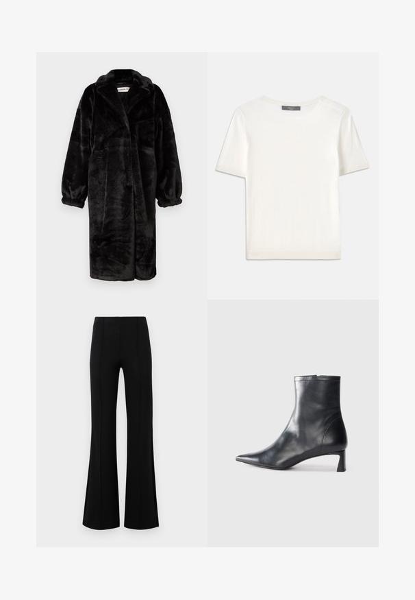 Fekete műszőrme kabát laza szabással, széles ujjakra és nagy hajtókára, puha, texturált felülettel és nyitott elülső kialakítással.; Fehér, rövid ujjú kötött felső, kerek nyakkivágással, sima textúrával és diszkrét bordázott részletekkel az ujjain és az alján.; Fekete, flared nadrág magas derékkal, rugalmas anyagból készült. Elölnézetén függőleges varrásokkal rendelkezik, sima textúrával.; Fekete bőr bokacsizma hegyes orral és letisztult dizájnnal. Alacsony sarka és hátsó cipzáras záródása van. Simának tűnő textúra.