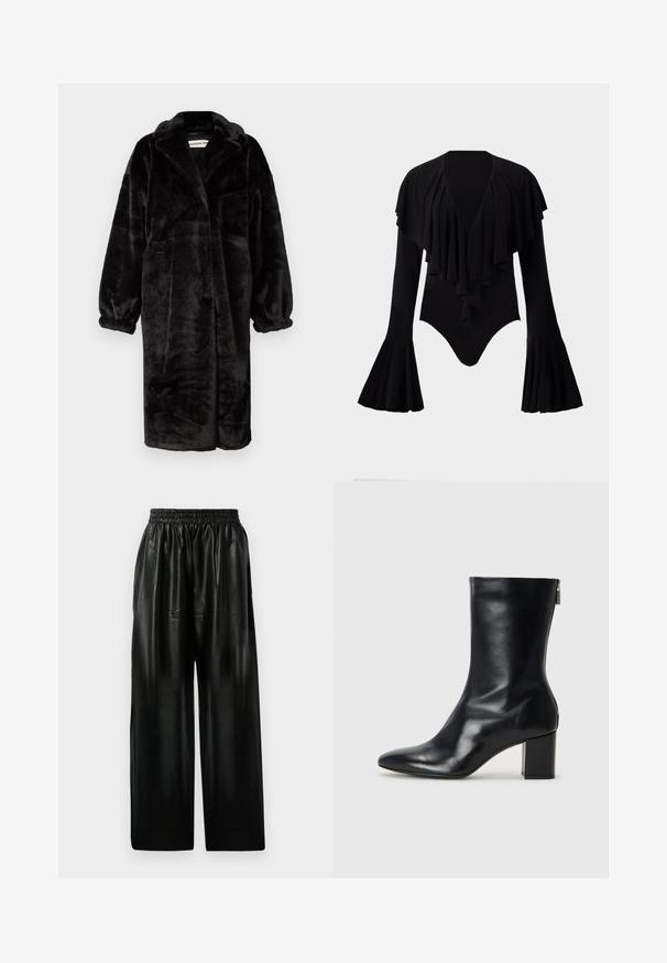 Zwarte nepbontjas met een ontspannen pasvorm, brede mouwen en grote revers, met een zachte, gestructureerde oppervlakte en een open voorkant.; Zwarte long-sleeve body met een diepe V-hals, gelaagde ruches op de borst en klokmouwen. Glad, rekbaar materiaal.; Zwarte leren wijde broek met een elastische tailleband, voorzien van twee zijzakken en een gladde, glanzende textuur.; Zwarte leren enkelboot met een spitse neus en een blokhak van 4 cm. Strak ontwerp met een zijrits voor gemakkelijke aan- en uittrekken. Soepele textuur.