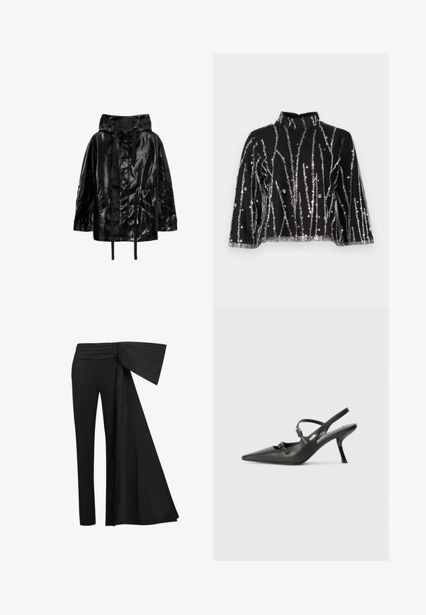 Czarna, błyszcząca, wodoodporna kurtka z kapturem, z troczkami oraz dwoma przednimi kieszeniami, w luźnym kroju i gładkiej teksturze.; Czarny krótki top z wysokim dekoltem, zdobiony pionowymi liniami z srebrnych cekinów, z przezroczystymi rękawami oraz fakturowanym materiałem.; Czarne spodnie z szerokim, drapowanym paskiem w talii. Gładki materiał, prosty krój nogawki i plisowany pasek w talii.; Czarne skórzane sandały na obcasie typu slingback z wydłużonym noskiem, smukłym obcasem i ozdobnym zapięciem na cholewce. Gładka tekstura i elegancka forma.