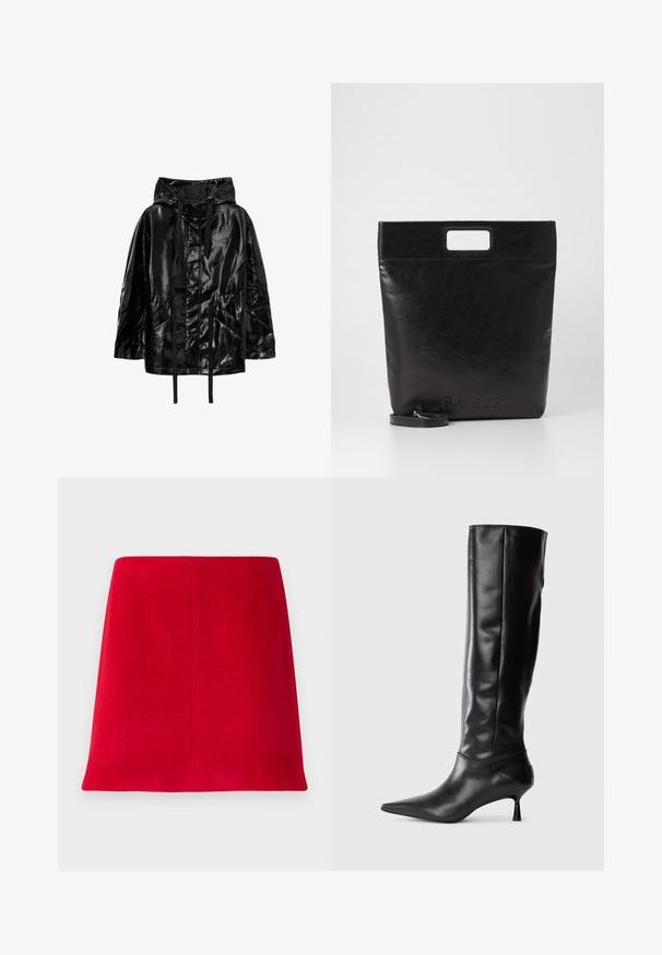 Melnā, spīdīgā, ūdensnecaurlaidīgā jakā ar kapuci ir auklas un divi priekšējie kabati, ar brīvu piegriezumu un gludu tekstūru.; Baltais garo piedurkņu krekls ar apkakli, izgatavots no kokvilnas. Aprīkots ar pogu aizdari priekšā un vienu krūšu kabatu. Gluda tekstūra, brīvs piegriezums.; Sarkans mini svārki, izgatavoti no strukturēta auduma, ar taisnu griezumu. Dizains iekļauj bezšuvju priekšpusi un tīras līnijas bez rotājumiem.; Melnas ādas ceļgala augstuma zābaki ar norādītu purngalu un plānu izliekumu papēdi. Gluda tekstūra, pieguļošs dizains un bez redzamām detaļām vai rakstiem.; Melna ādas tote soma ar kvadrātveida rokturi, ar teksturētu apdari un iespiestu logo. Ietver noņemamu siksnu.