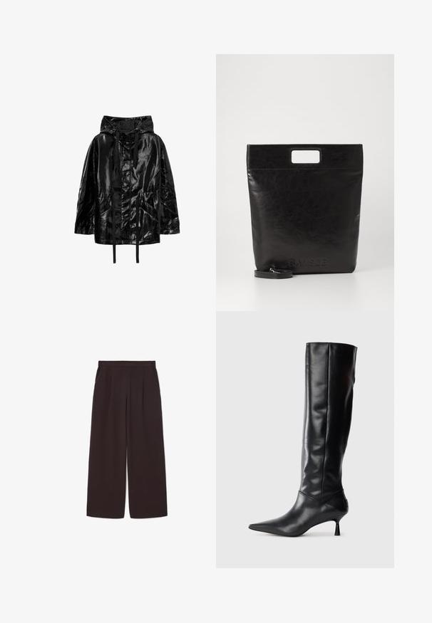 Musta, kiiltävä, vedenpitävä takki hupun kanssa, jossa on kiristysnauhat ja kaksi etupocketsia. Takissa on rento istuvuus ja sileä pinta.; Valkoinen pitkähihainen kauluspaita, joka on valmistettu puuvillasta. Paidassa on napitettava etuosuus ja yksi rintatasku. Pehmeä pinta, rento malli.; Muutu tummanruskeat leveälahkeiset housut, jotka on valmistettu kevyestä kankaasta. Niissä on korkea vyötärö, pleatit ja kaksi sivutaskua, sekä joustava vyötärö.; Mustat nahkasaappaat polvipituisina, joissa on terävä kärki ja kapea kaareva korko. Suora pinta, tiukka muotoilu eikä näkyvää hardwarea tai kuvioita.; Musta nahkainen kassi neliskulmaisella kahvalla, jossa on teksturoitu pinta ja kohokuvioitu logo. Mukana irrotettava olkahihna.