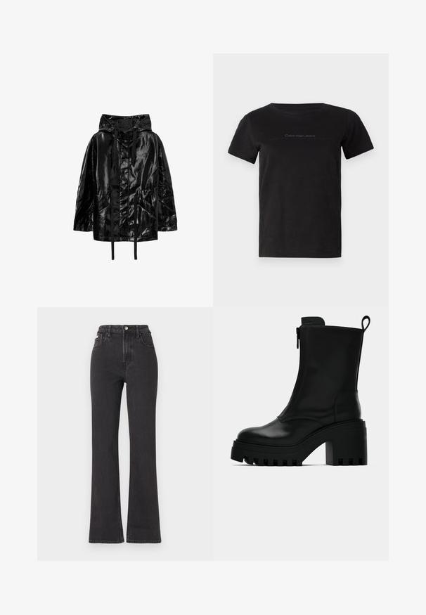 Casaco preto, brilhante e impermeável com capuz, apresentando cordões de ajuste e dois bolsos frontais, com um corte descontraído e textura suave.; Camiseta de algodão preta com decote redondo e mangas curtas. Apresenta uma marcação subtil em cinza na área do peito.; Jeans flared pretos de cintura alta feitos de denim, com fecho de botão, passadores para cinto e bolsos laterais. Textura suave com desbotamento mínimo.; Botim de pele preto até ao tornozelo com sola robusta, salto bloco, fecho lateral e alça na parte de trás sobre fundo branco liso.