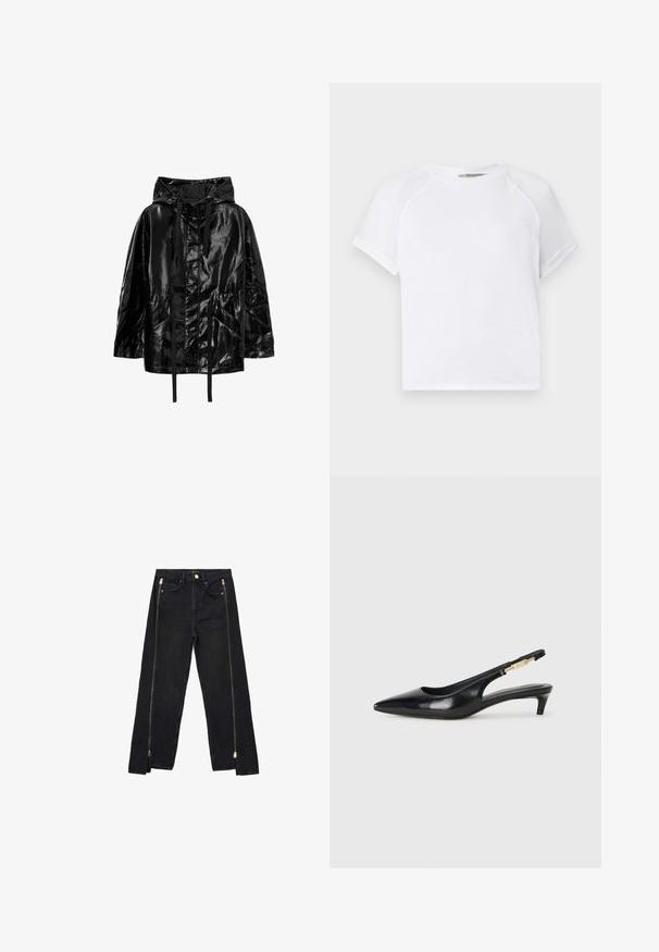 Black, shiny, waterproof jacket with a hood, featuring drawstrings and two front pockets with a relaxed fit and smooth texture.; White cotton t-shirt with a crew neckline, short raglan sleeves, and a relaxed fit. Smooth texture with no visible patterns or accents.; Black denim jeans with a straight leg design, featuring gold zippers along the sides and standard pockets at the waist.; Black leather slingback heels with a pointed toe, featuring a slim heel and a gold-tone accent on the adjustable strap. Smooth texture.