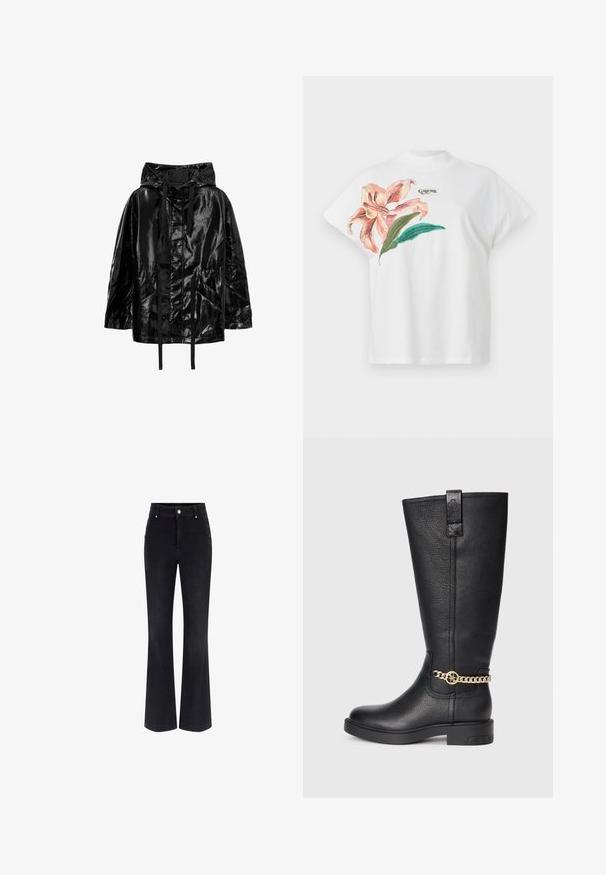 Melnā, spīdīgā, ūdensnecaurlaidīgā jakā ar kapuci ir auklas un divi priekšējie kabati, ar brīvu piegriezumu un gludu tekstūru.; Balta kokvilnas T-kreklu ar īsām piedurknēm, kurā kreisajā pusē ir rozā ziedu raksts un zaļas lapas. Virs raksta ir pelēks "Guess" logo.; Melni džinsi ar izflarētiem pēdējiem, augstu jostasvietu, piecu kabatu dizainu un metāla pogu akcentiem sānos. Gluda tekstūra un klasika fit.; Melna ādas ceļgala zābaks ar teksturētu apdari, ar dekoratīvu zelta ķēdes akcentu un platu gumijas zoli.