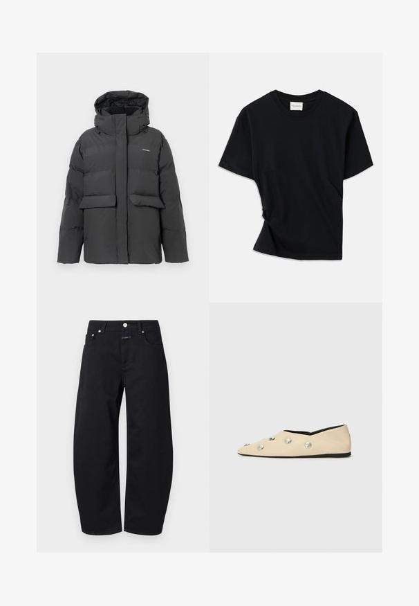 Mustaga voodriga talve jope kapuutsiga, esiflapiga taskud ja täispikk lukuga, esitlemisel lihtsa valge tausta ees.; Must musta pehmeast puuvillast, millel on ümar kaelus, lühikesed varrukad ja kergelt keeratud disain, et tagada mugav istuvus.; CLOSED JAZZIE - Avar lõikega teksad - black; CLOSED Baleriinad - ecru