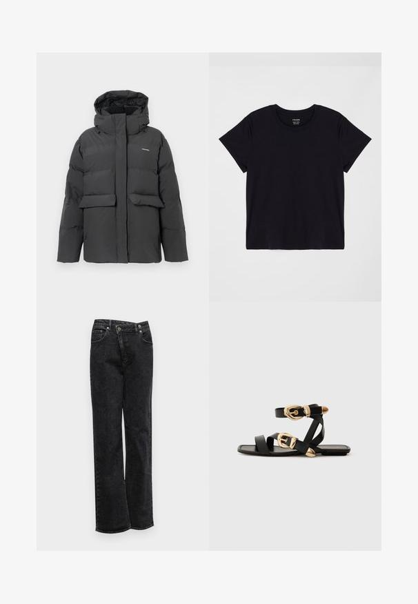 Zwarte gewatteerde winterjas met kap, voorzakken met klep en volledige rits sluiting, weergegeven tegen een effen witte achtergrond.; Zwarte T-shirt met korte mouwen, gemaakt van zachte katoen. Klassiek ontwerp met ronde hals en een eenvoudige, ongecompliceerde uitstraling met een comfortabele pasvorm.; Zwarte denim jeans met een recht gesneden pijp, voorzien van een knoopsluiting, vijf zakken, subtiele textuur en niet-gestrekte zomen.; Zwarte leren sandaal met gouden gespaccenten, voorzien van meerdere banden en een vlakke zool voor open-teenschoen gebruik.