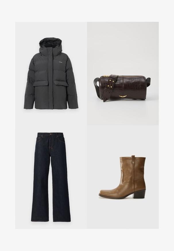 Black padded winter jacket with hood, front flap pockets, and full zipper closure, displayed against a plain white background.; Black tank top with thin spaghetti straps, made of a ribbed fabric, featuring a straight cut and a label at the neckline reading "IVY OAK."; Dark blue wide-leg jeans made of denim, featuring orange stitching, two front pockets, and a button closure at the waistband.; Brown leather ankle boot with a square toe, textured finish, and a low stacked heel. Features a rear pull tab and subtle stitching details.; Brown crocodile-embossed leather bag with a cylindrical shape, gold-tone hardware, and a detachable strap featuring studs.