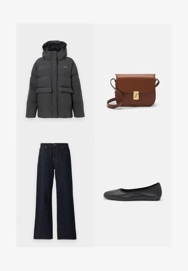 Černá zateplená zimní bunda s kapucí, předními klopovými kapsami a plnou zipovou uzávěrkou, vystavená na jednoduchém bílém pozadí.; Bílá tričko s krátkým rukávem vyrobené z žebrované tkaniny. Kulatý výstřih, normální střih a jemné detaily šití. Bez vzorů nebo grafik.; Tmavě modré džínové široké kalhoty s oranžovým šitím, dvěma předními kapsami a zapínáním na knoflík v pase.; Černé kožené baletní byty s kulatou špičkou, hladkou texturou, minimálními švy a flexibilním designem podrážky.; Hnědá kožená kabelka s klopou, zlatými kovovými detaily, ramenním popruhem a hladkým povrchem. Kompaktní obdélníkový tvar.