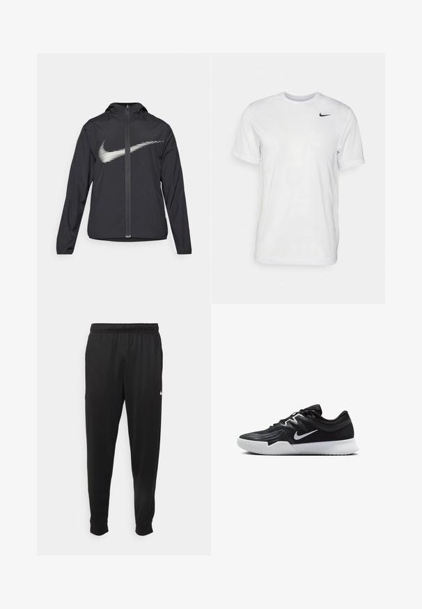 Juodas sportinis džemperis su kapišonu, ant priekinės dalies yra baltas Nike logotipas, pagamintas iš lengvos medžiagos, su užtrauktuku priekyje ir elastinėmis rankovėmis.; Balta trumpa rankovėmis marškinėliai, pagaminti iš lygaus audinio. Turi apvalų kaklą ir mažą juodą Nike logotipą kairėje krūtinės pusėje.; Juodi sportiniai kelnės, pagamintos iš lygaus audinio, turinčios elastinę juosmenį, siaurėjantys sijonai ir mažas baltas logotipas kairėje pusėje.; Juodos sportinės bateliai su tekstūruota viršutine dalimi, balta Nike swoosh ir balta gumine išorine dalimi. Yra su raištelių užsegimo dizainu ir dinamine forma.