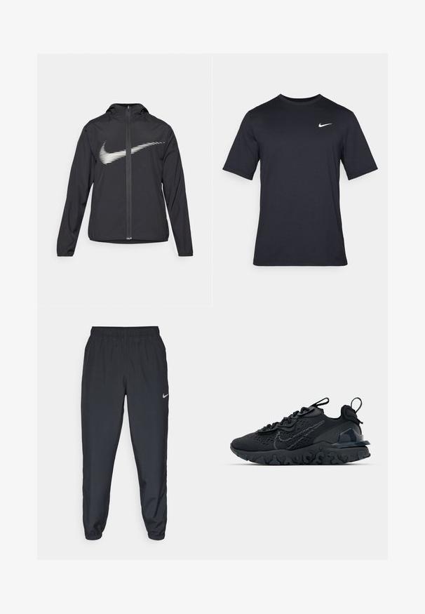 Black athletic jacket with a hood, features a white Nike logo on the front, made of lightweight material, zippered front, and elastic cuffs.; Black short-sleeve Nike t-shirt made of smooth fabric, featuring a white swoosh logo on the upper left side, crew neckline.; Black track pants made from lightweight fabric with an elastic waistband, ankle cuffs, and a discreet Nike logo on the left side.; Black athletic shoe with a breathable mesh upper, textured accents, and a wavy rubber sole. Features reflective logo and lacing system.