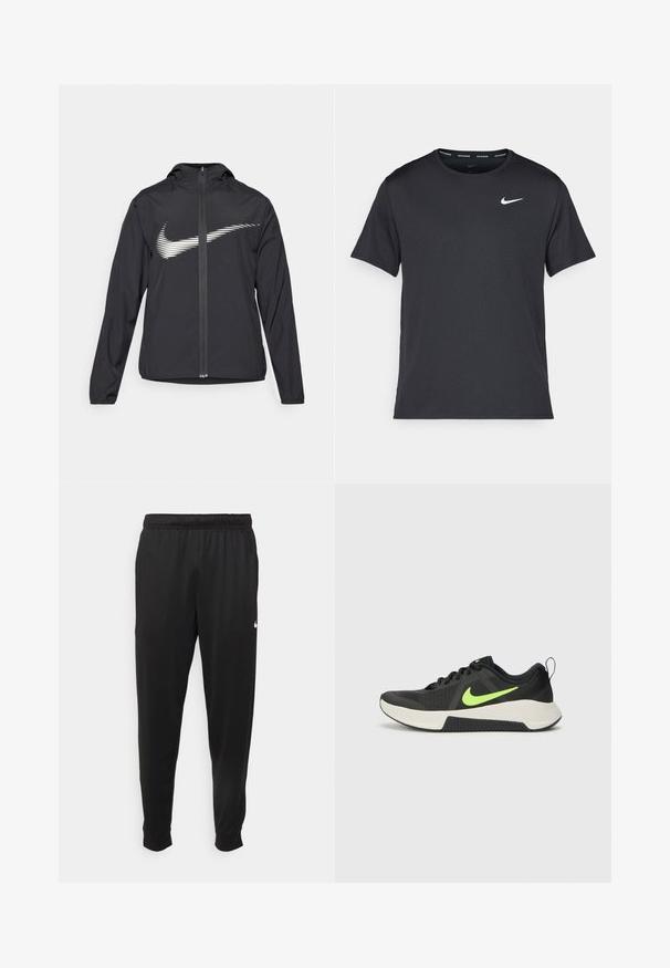 Črna športna jakna s kapuco, na sprednji strani je bel logo Nike, izdelana iz lahkega materiala, z zadrgo spredaj in elastičnimi manšetami.; Črna tekaška majica Nike, izdelana iz lahkega in zračnega materiala, z kratkimi rokavi in majhnim belim logotipom na prsih.; Črne športne hlače iz gladkega materiala, z elastičnim pasom, zoženimi hlačnicami in majhnim belim logotipom na levi strani.; Črne atletske čevlje z mrežastim zgornjim delom, neonsko zelenim logotipom Nike, belim srednjim podplatom in gumijastim podplatom. Imajo tudi zanko za poteg na peti.