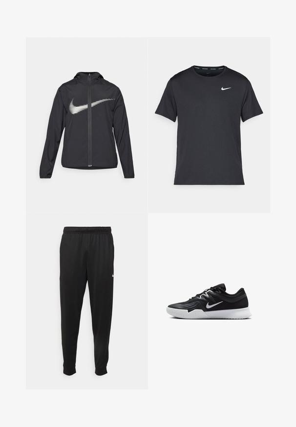 Melnas sporta jakas ar kapuci, priekšpusē ar baltu Nike logo, izgatavota no viegla materiāla, ar rāvējslēdzēja priekšpusi un elastīgām aprocēm.; Melna Nike skriešanas T-kreklā, kas izgatavots no viegla un elpojoša materiāla, ar īsām piedurknēm un mazu baltu logo uz krūtīm.; Melnas sporta bikses, kas izgatavotas no gludas auduma, ar elastīgu jostu, sašaurinošām kājām un mazu balto logo kreisajā pusē.; Melni sporta apavi ar teksturētu virsu, balto Nike zulumu un balto gumijas zoli. Iezīmējas ar auklu pievilkšanas dizainu un dinamisku formu.