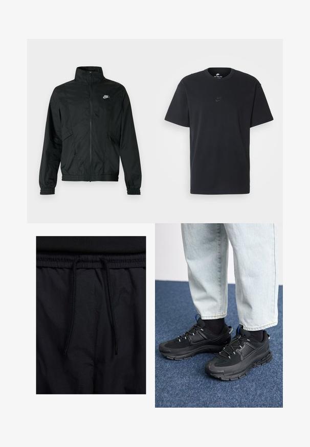 Fekete Nike könnyű zipzáras dzseki magas gallérral, elasztikus mandzsettákkal és szegéllyel, valamint fehér Nike logóval a bal mellrészen.; Fekete pamut póló Nike márkájú, klasszikus, kerek nyakú, rövid ujjú, és letisztult, dombornyomott logóval a mellkason. Simább textúra.; Fekete rövidnadrág, húzózsinórral ellátott derékrésszel, könnyű anyagból, sima felszínen, egyszerű dizájnnal, látható logók vagy minták nélkül.; Fekete sportcipők texturált anyaggal és gumitalppal, elasztikus fűzőkkel és kék kiegészítővel a saroknál. Világos farmernadrággal viselve.