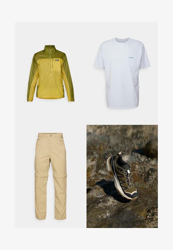 Divkrāsu zaļš un dzeltena pulovera jaka ar ceturtdaļas rāvējslēdzēju priekšā, augstu apkakli un sānu kabatām. Gluda, viegla auduma.; Balts kokvilnas T-krekls ar īsām piedurknēm, apaļu kakla izgriezumu un kreisajā krūtī kabatu ar zilu "Patagonia" logotipu. Klasiska piegriezuma ar gludu struktūru.; Beige izņemamās bikses ar gludu tekstūru, kas aprīkotas ar divām sānu kabatām, pogu aizdari un ar iespēju uzrullēt piedurknes, lai nodrošinātu daudzveidību.; Tūrisma apavi olīvzaļā un melnā krāsā ar rozā akcentiem. Iespējas ietver teksturētu virsu, elastīgu zoli, pastiprinātu purngalu un krāsainu šņorējuma sistēmu.